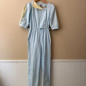 Byer Too! Blue + Ivory Puff Half Sleeve Lapel Jumpsuit | Vintage 80s | Size 3